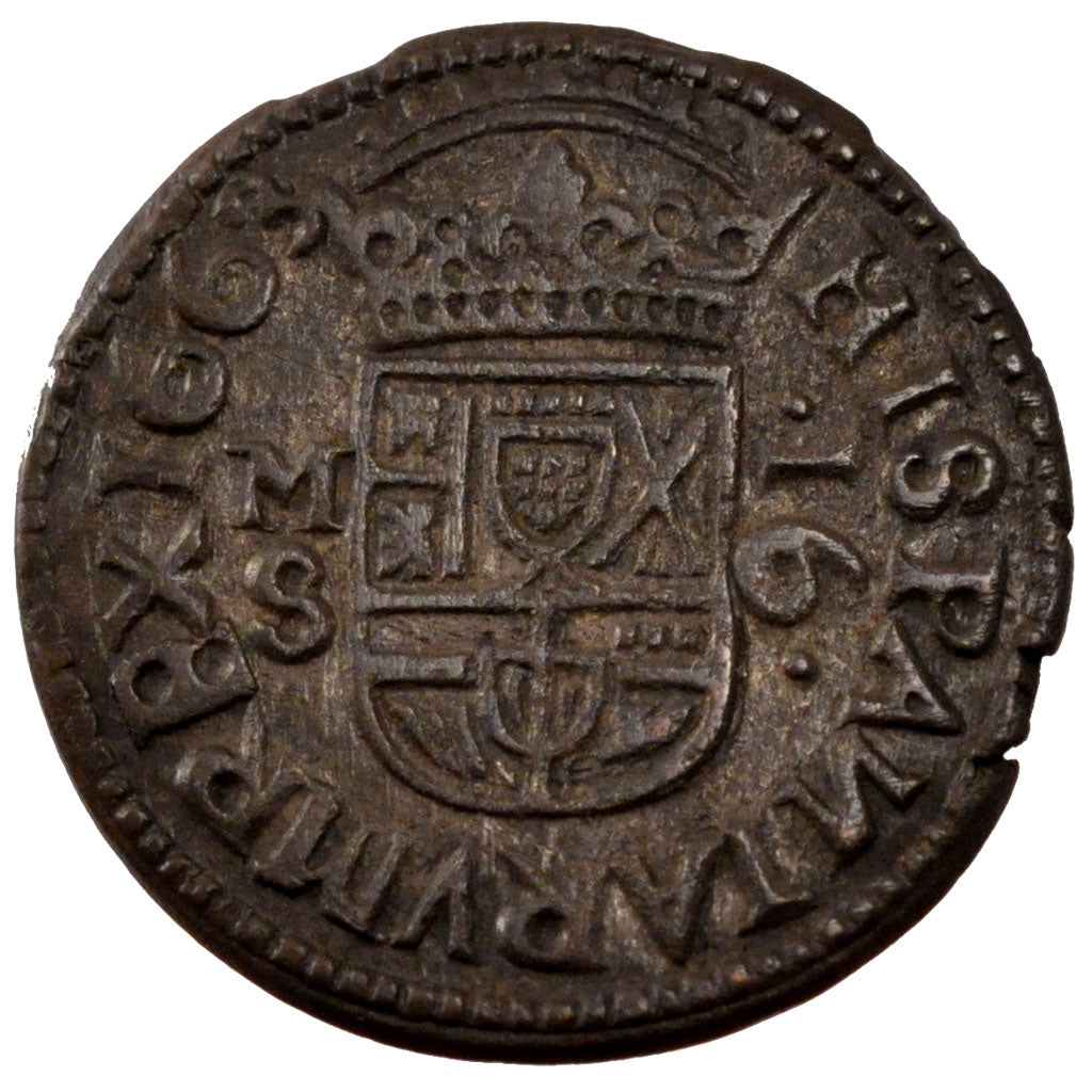 SPAIN, 16 Maravedis, 1663, Madrid, KM #172.5, MS(60-62), Copper, 4.62