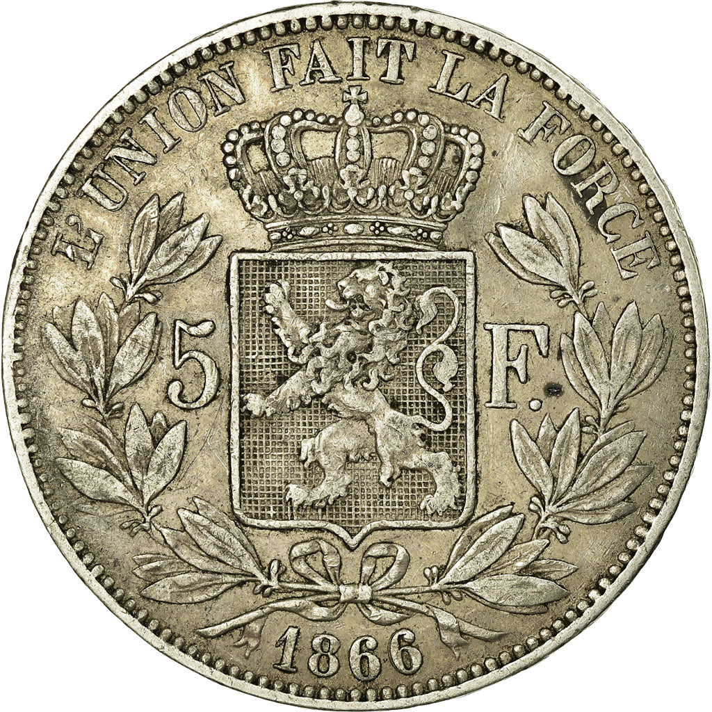 Coin, Belgium, Leopold II, 5 Francs, 5 Frank, 1866, EF(40-45), Silver, KM:24