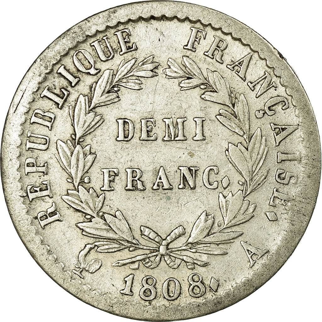 Monnaie, France, Napoléon I, 1/2 Franc, 1808, Paris, TTB+, Argent, Gadoury:398