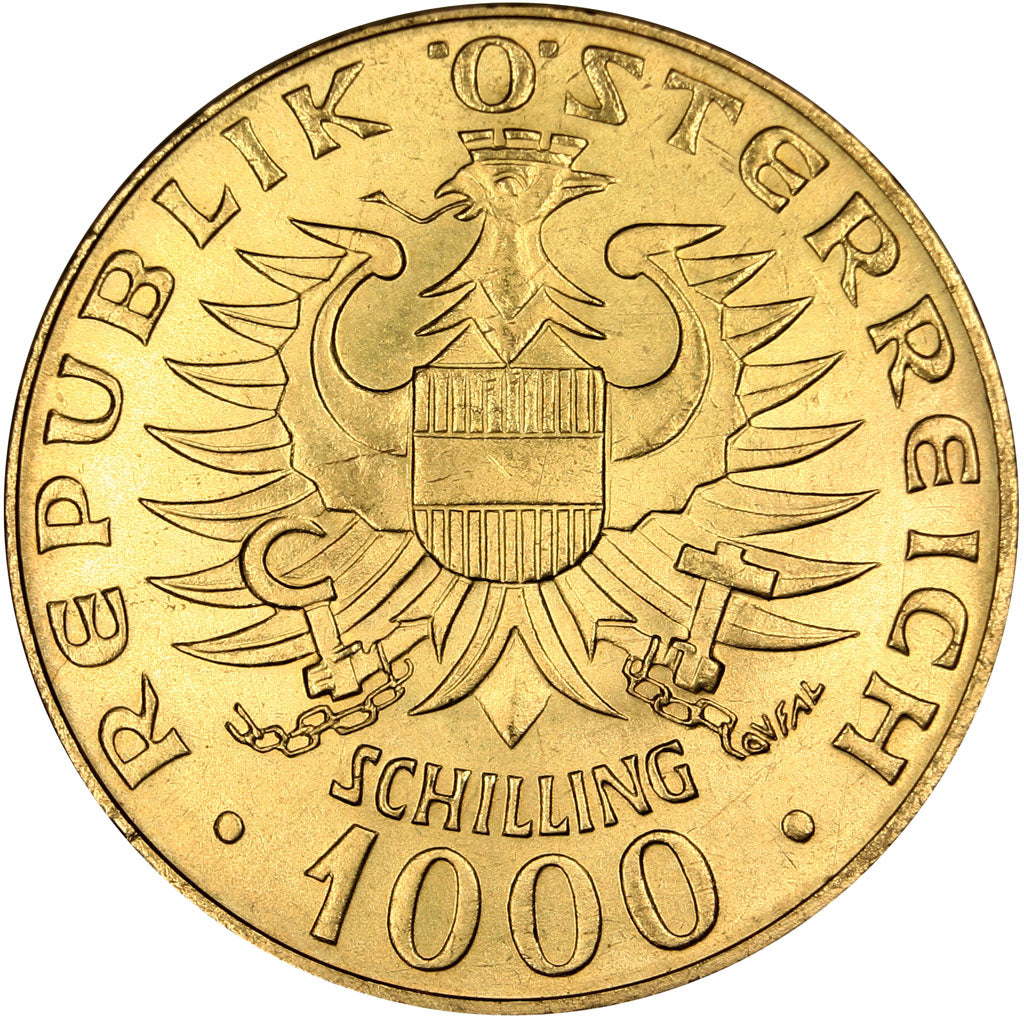 AUSTRIA, 1000 Schilling, 1976, KM #2933, MS(60-62), Gold, 27, 13.50
