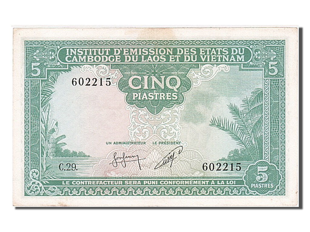 French Indo-China, 5 Piastres = 5 Riels, 1954, KM #95, AU(55-58), 602215