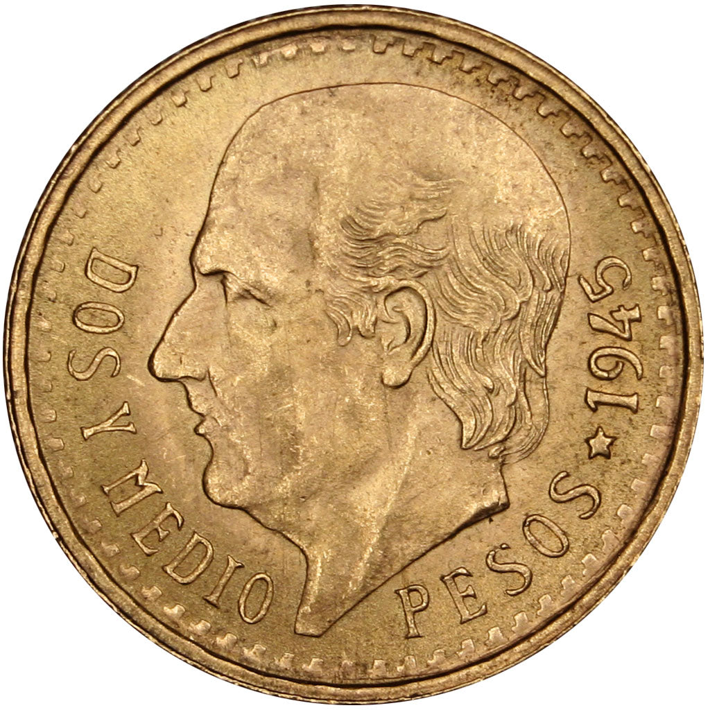 MEXICO, 2-1/2 Pesos, 1945, Mexico City, KM #463, AU(55-58), Gold, 15.5, 2.10