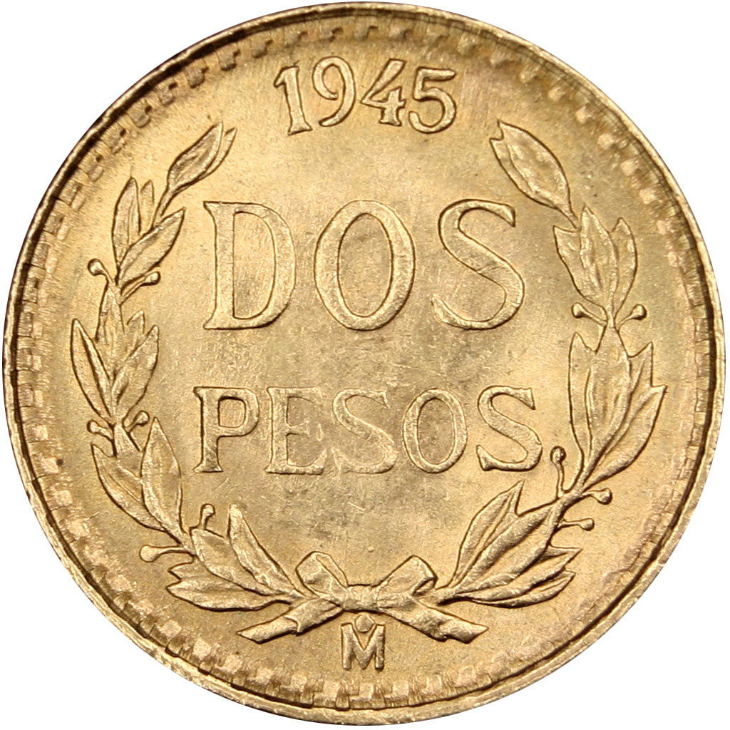MEXICO, 2 Pesos, 1945, Mexico City, KM #461, MS(60-62), Gold, 13, 1.60