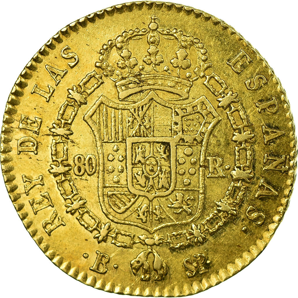 Coin, Spain, Ferdinand VII, 80 Reales, 1823, Barcelona, EF(40-45), Gold