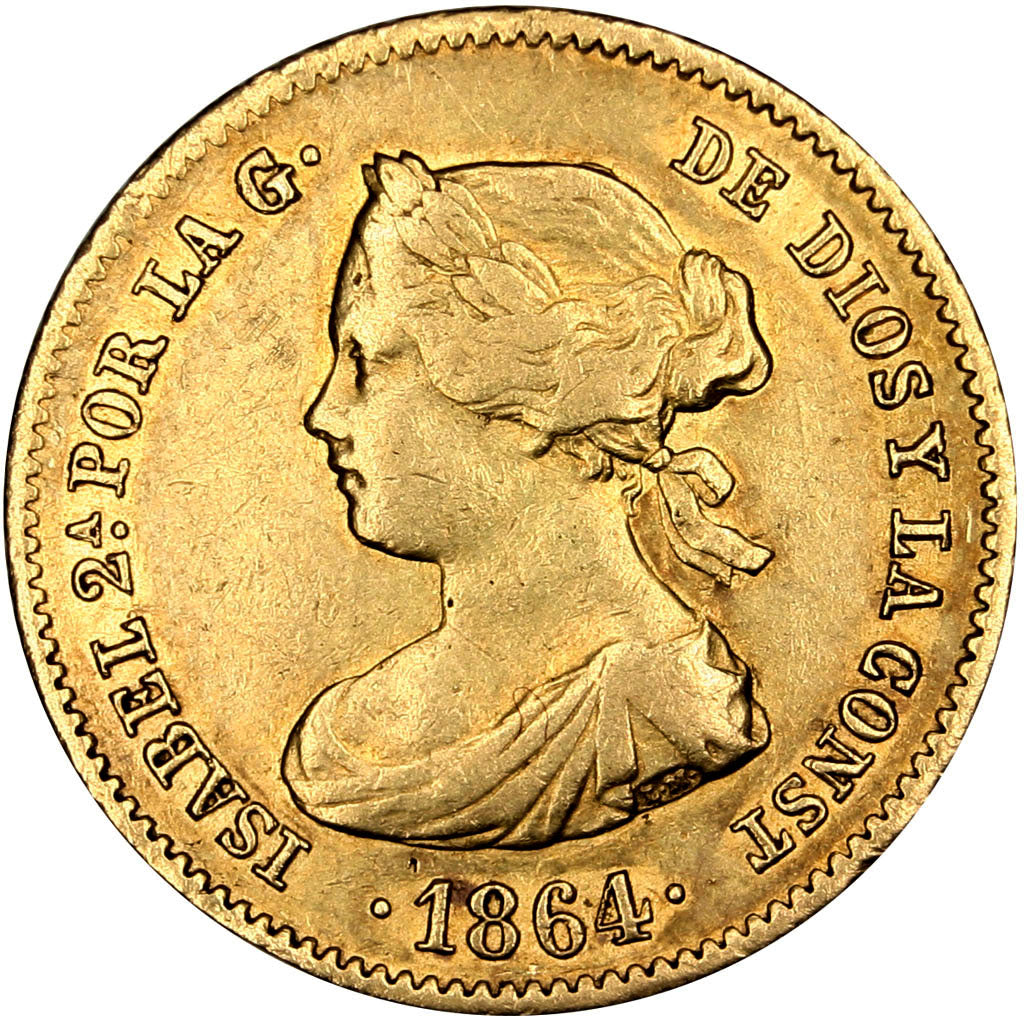 SPAIN, 40 Reales, 1864, Madrid, KM #618.1, EF(40-45), Gold, 3.36