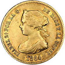 SPAIN, 40 Reales, 1864, Madrid, KM #618.1, EF(40-45), Gold, 3.36