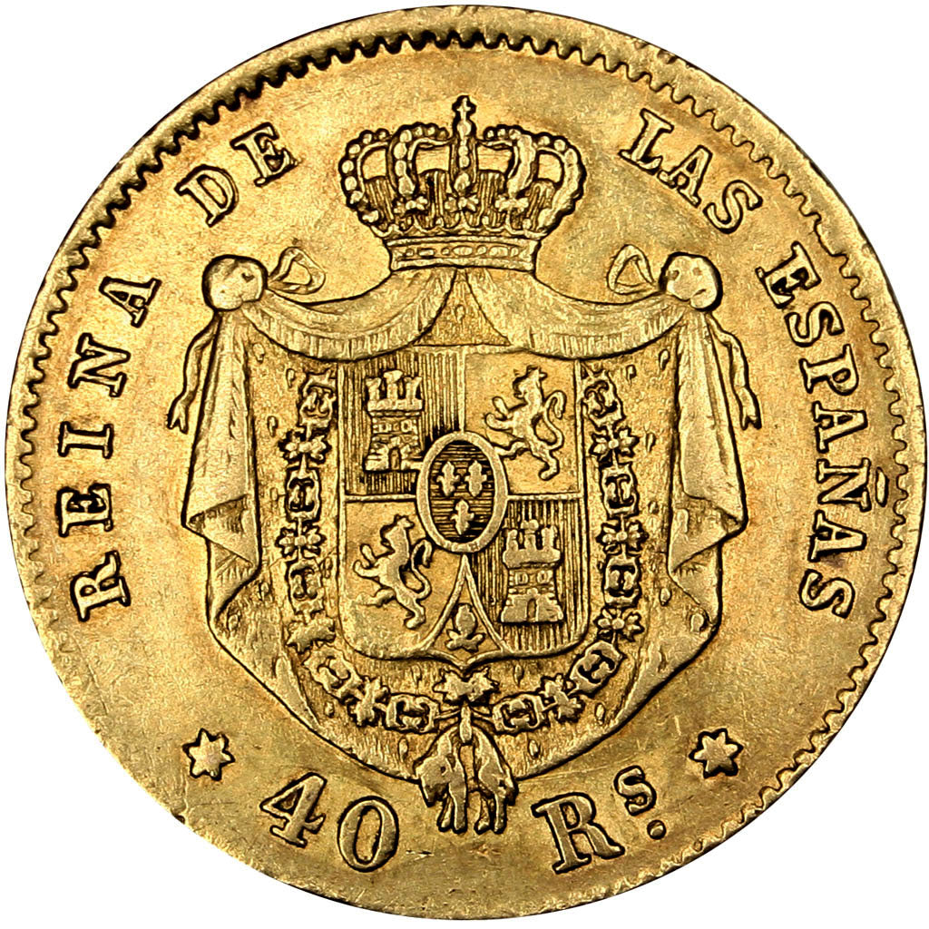 SPAIN, 40 Reales, 1864, Madrid, KM #618.1, EF(40-45), Gold, 3.36