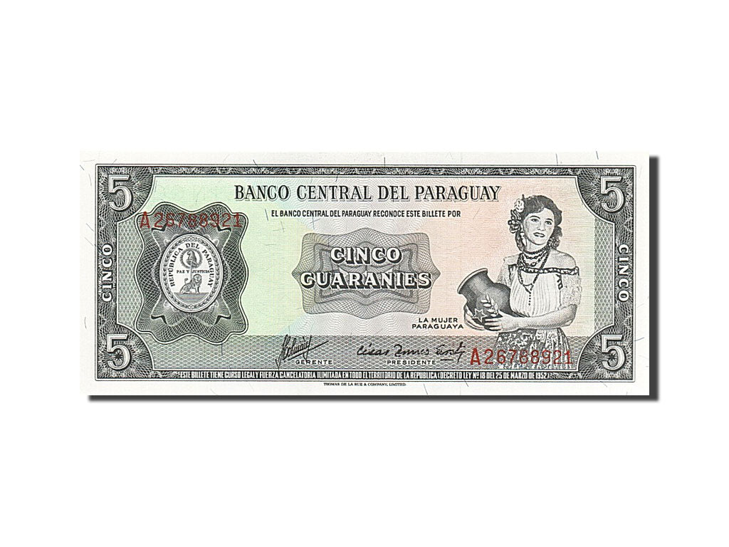 Banknote, Paraguay, 5 Guaranies, 1952, UNC(65-70)