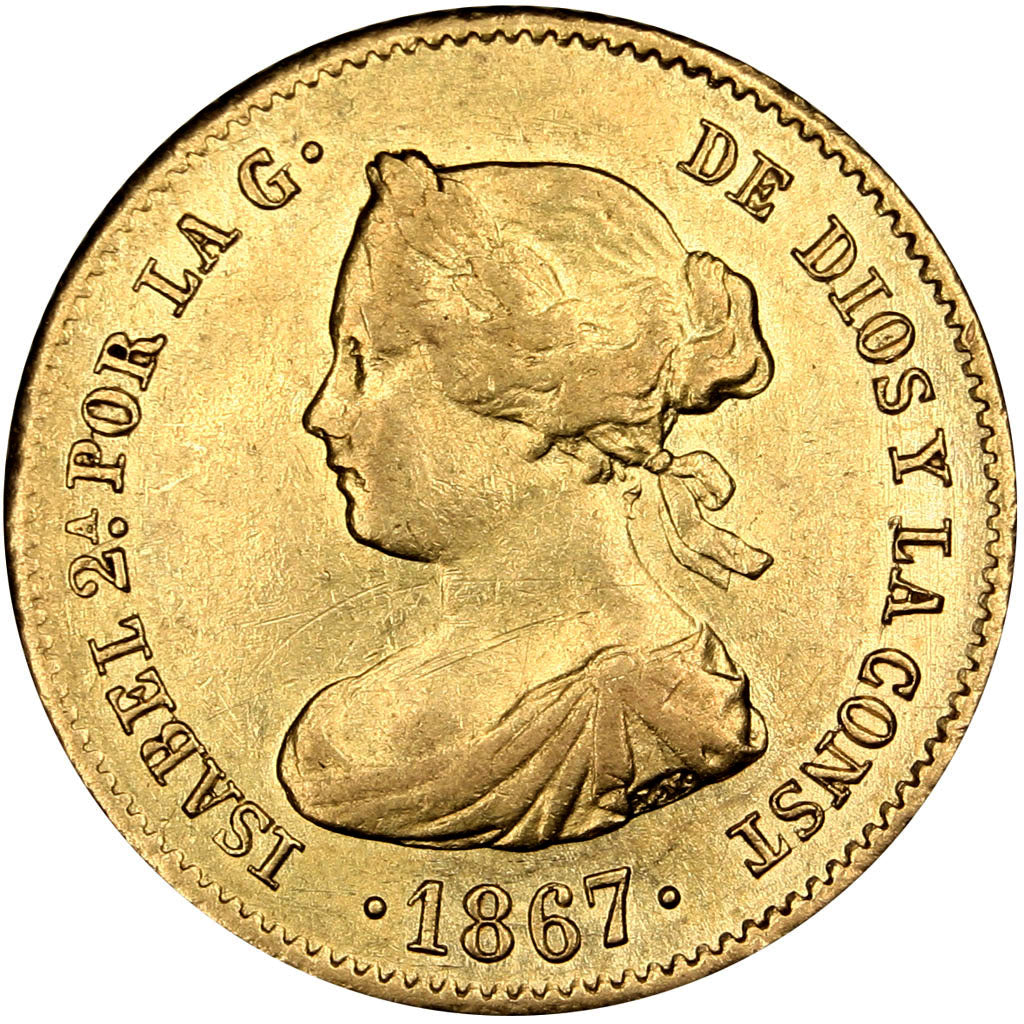 Spagna, Isabel II, 4 Escudos, 1867, Madrid, BB, Oro, KM:631.1