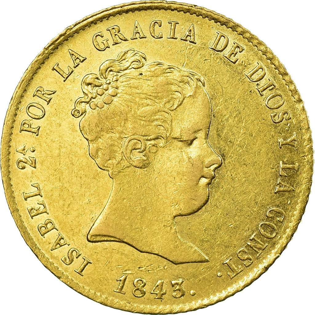 Moneda, España, Isabel II, 80 Reales, 1843, Madrid, MBC+, Oro, KM:578.2