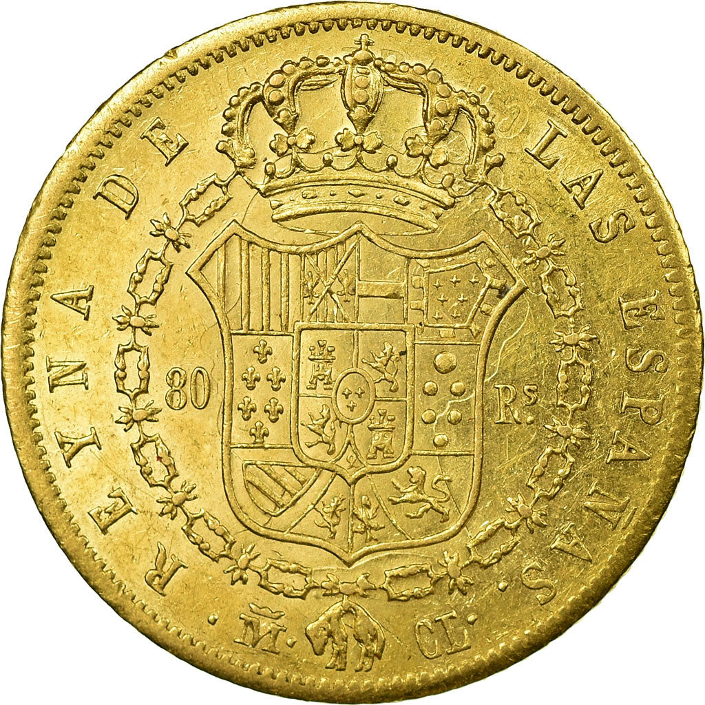Moneda, España, Isabel II, 80 Reales, 1843, Madrid, MBC+, Oro, KM:578.2