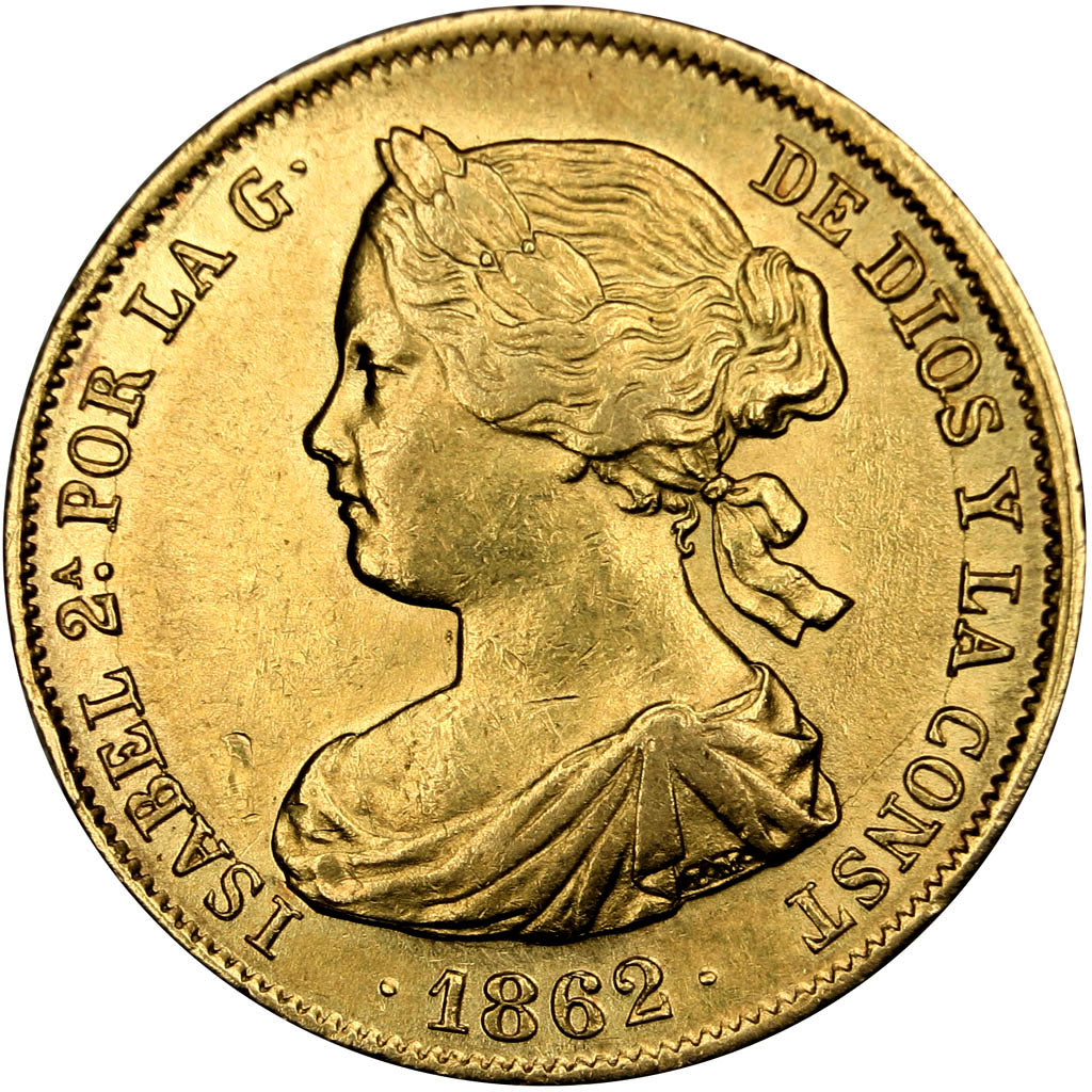 SPAIN, 100 Reales, 1862, Madrid, KM #605.2, AU(55-58), Gold, 8.33