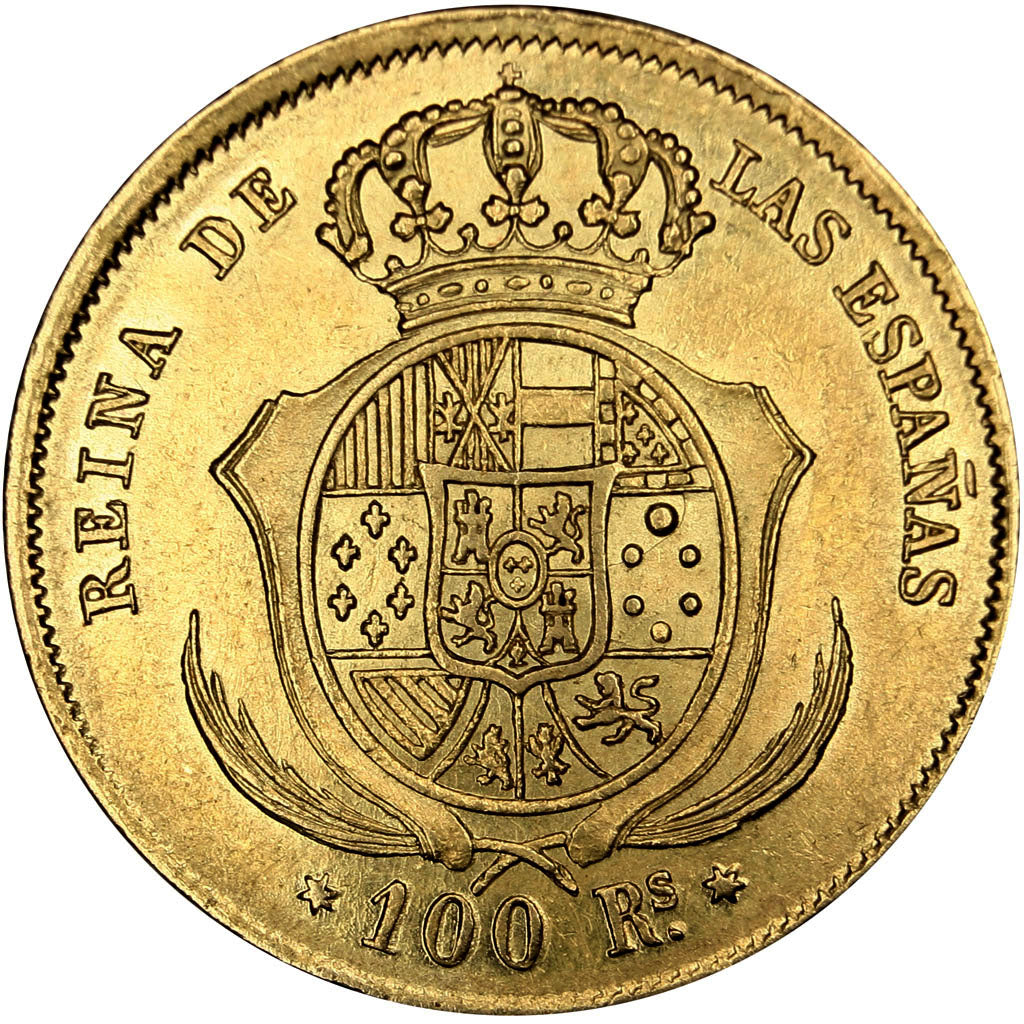 SPAIN, 100 Reales, 1862, Madrid, KM #605.2, AU(55-58), Gold, 8.33