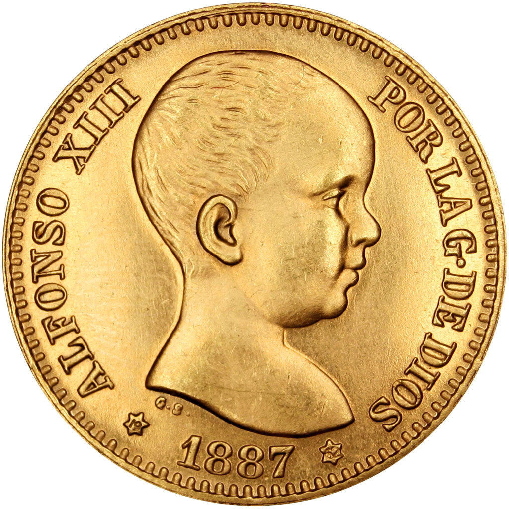 SPAIN, 20 Pesetas, 1887, Madrid, KM #693, MS(60-62), Gold, 6.41