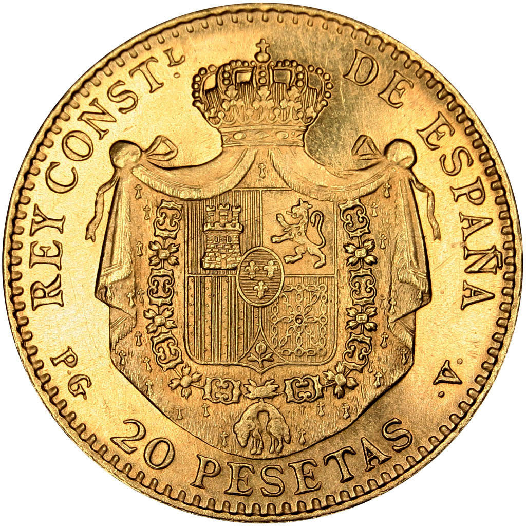 SPAIN, 20 Pesetas, 1887, Madrid, KM #693, MS(60-62), Gold, 6.41