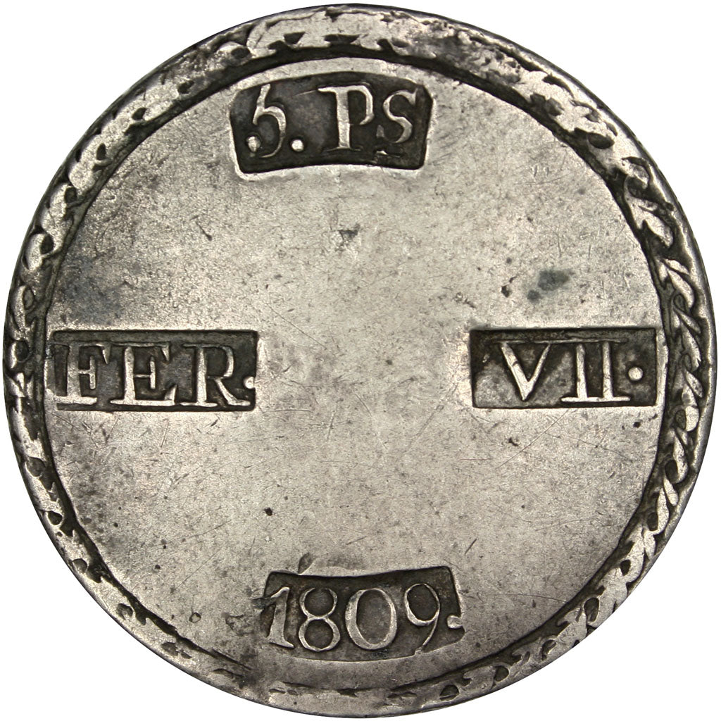 Spagna, TARRAGONA, Ferdinand III, 5 Pesetas, 1809, BB, Argento, KM:6