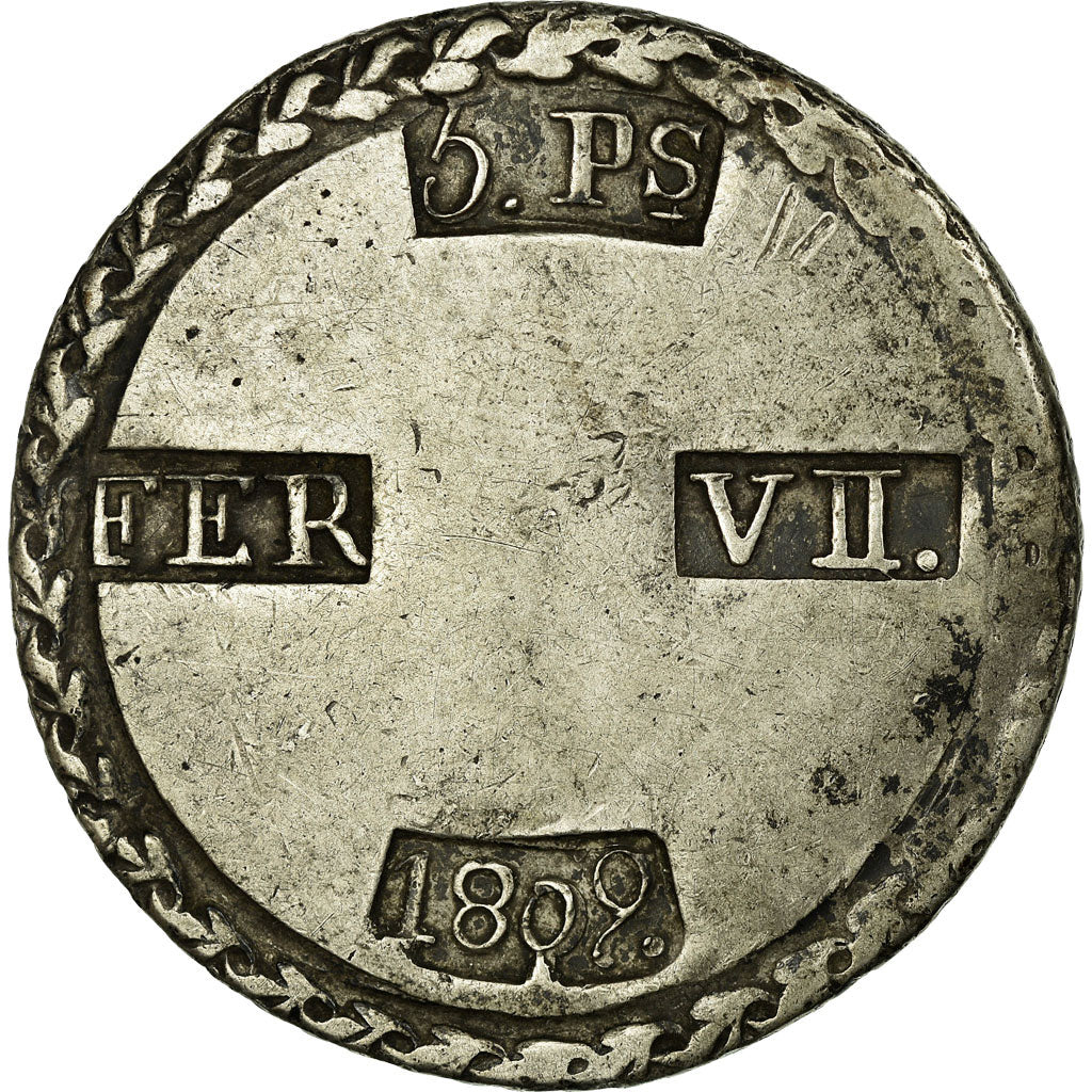 Coin, Spain, TARRAGONA, Ferdinand III, 5 Pesetas, 1809, EF(40-45), Silver, KM:7