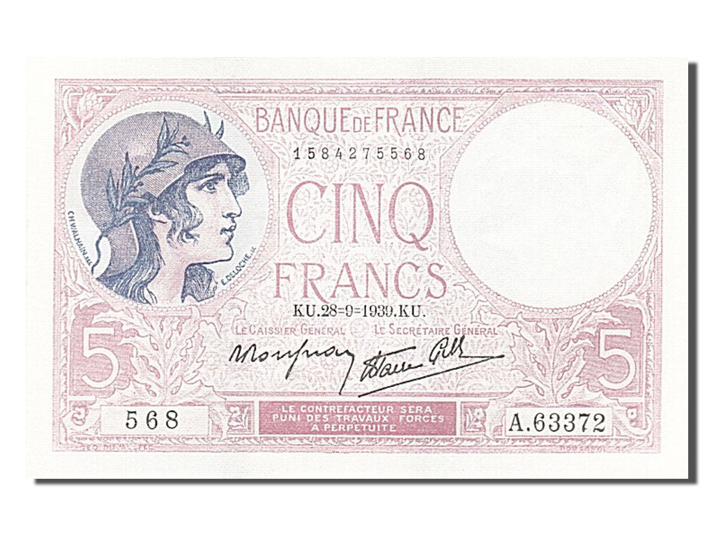 Billete, Francia, 5 Francs, 5 F 1917-1940 ''Violet'', 1939, 1939-09-28, UNC