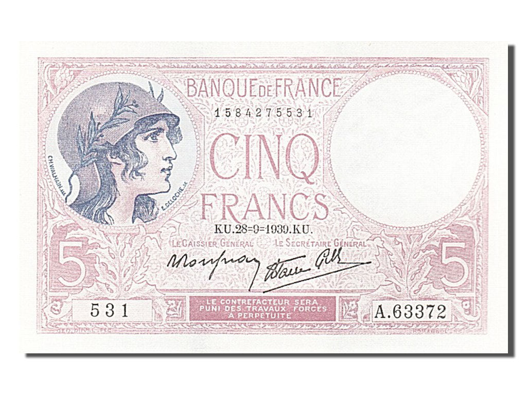 Banknote, France, 5 Francs, 5 F 1917-1940 ''Violet'', 1939, 1939-09-28