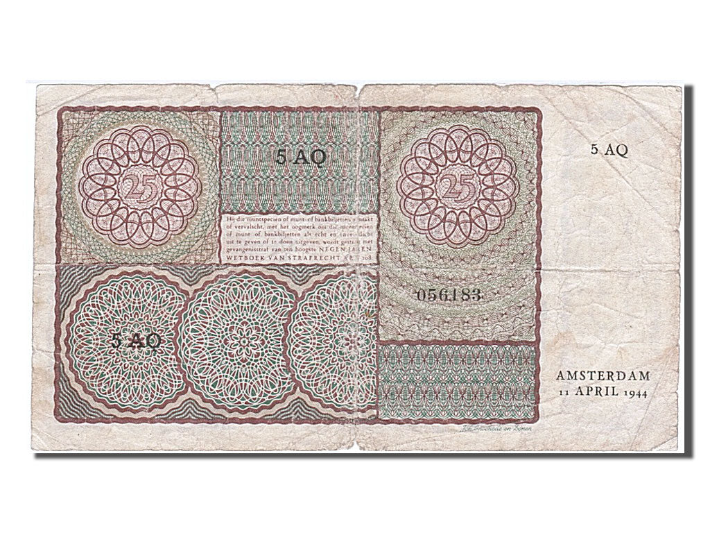 Netherlands, 25 Gulden, 1944, KM #60, 1944-04-11, VF(20-25), 5 AQ