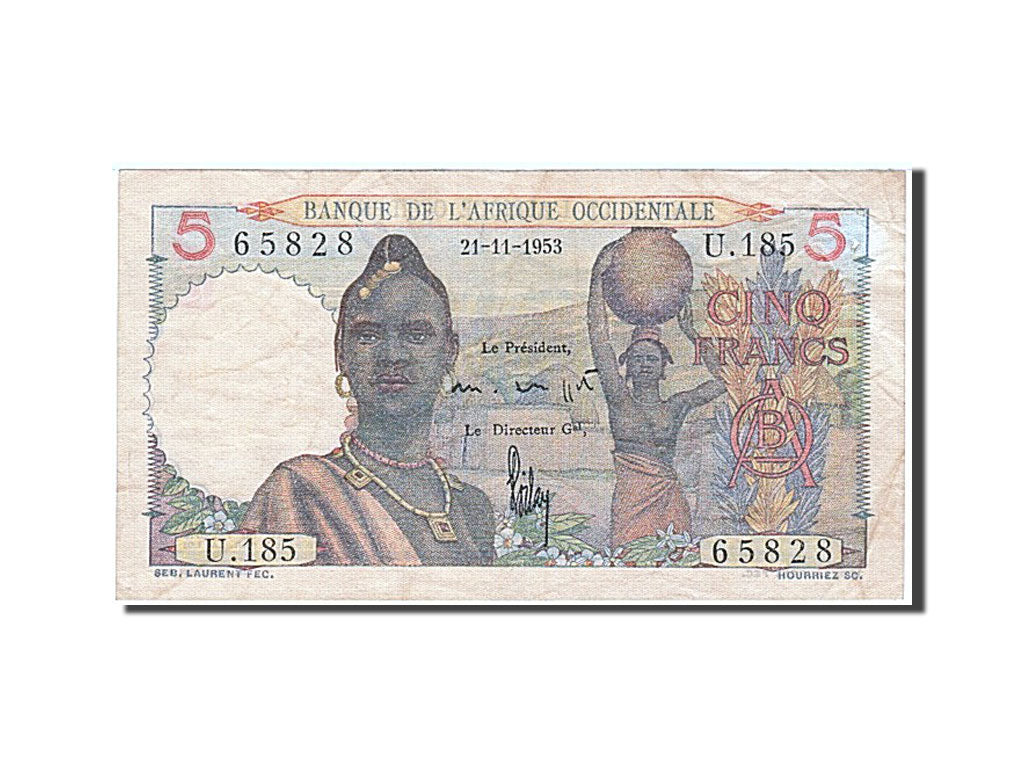 French West Africa, 5 Francs, 1953, KM #36, 1953-11-21, EF(40-45), U185 65828