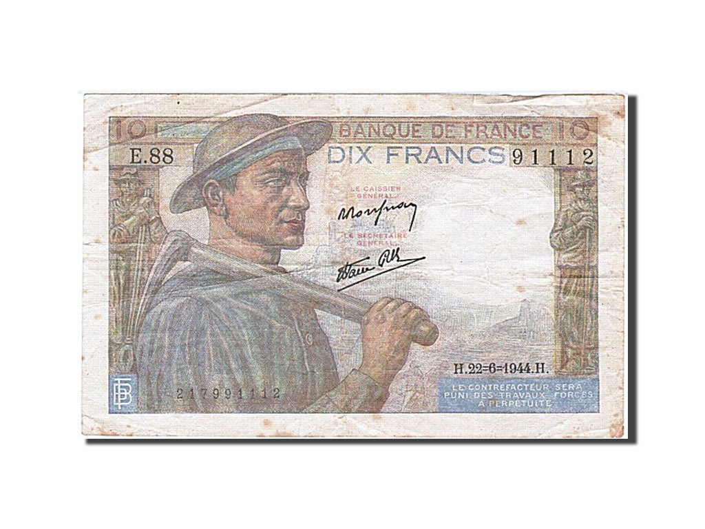 France, 10 Francs, 10 F 1941-1949 ''Mineur'', 1944, KM #99a, 1944-06-22,...