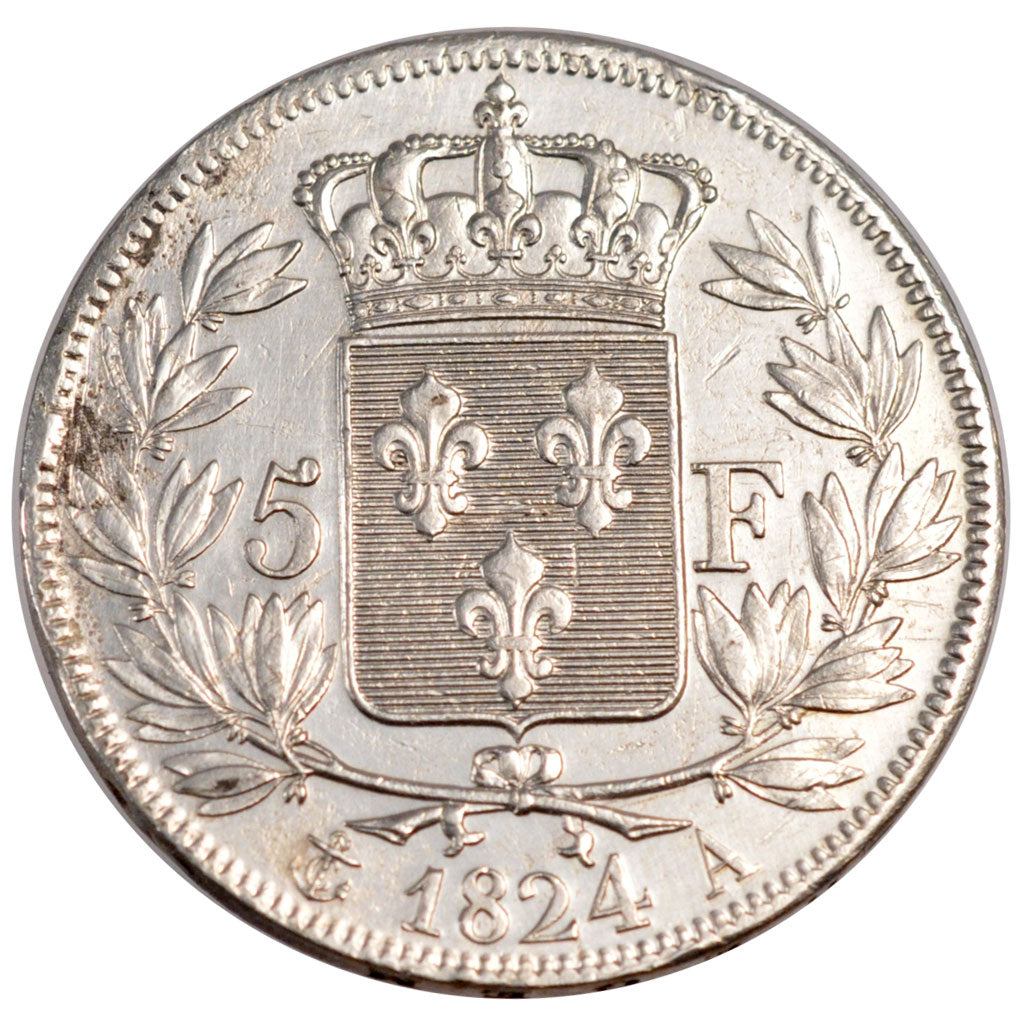 FRANCE, Louis XVIII, 5 Francs, 1824, Paris, KM #711.1, AU(50-53), Silver,...