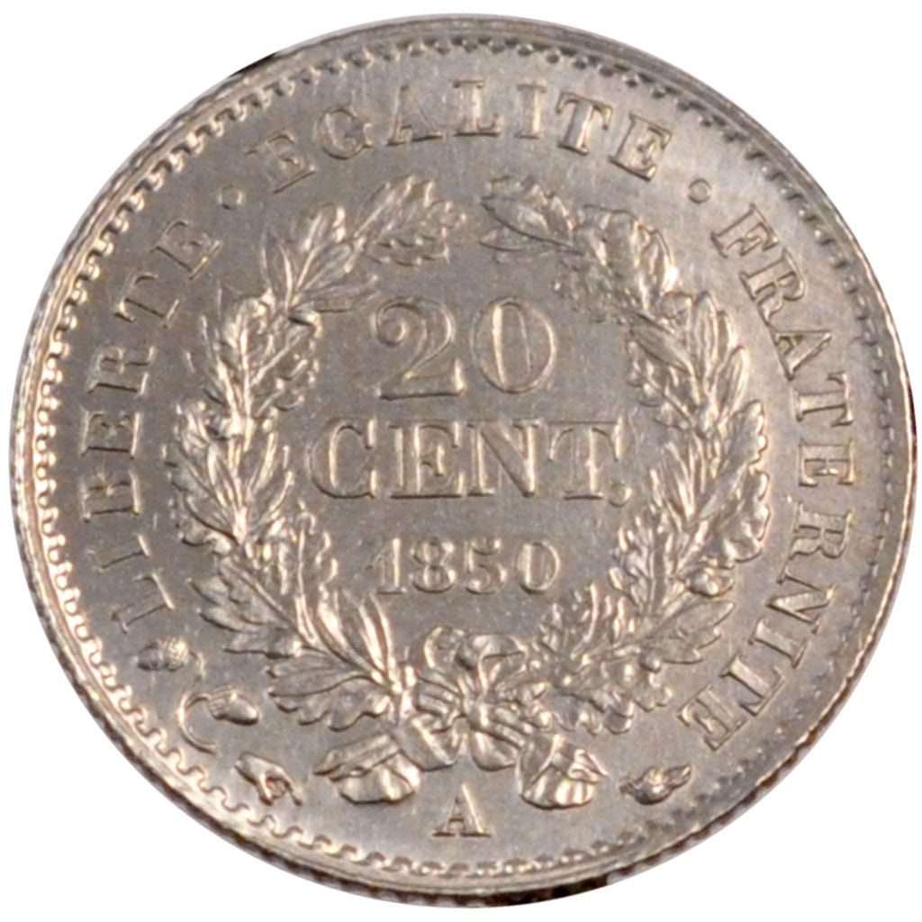 FRANCE, Cérès, 20 Centimes, 1850, Paris, KM #758.1, AU(55-58), Silver, Gadoury #