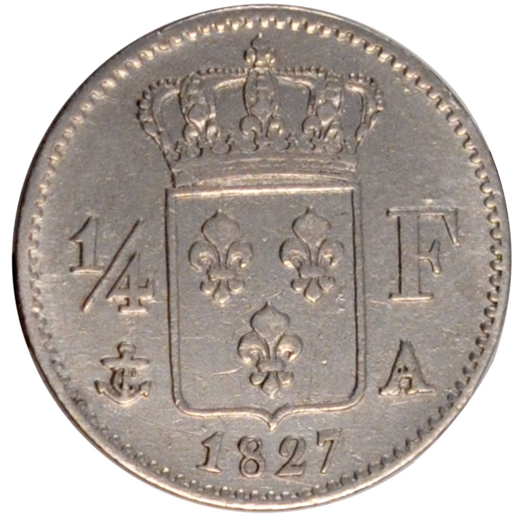 FRANCE, Charles X, 1/4 Franc, 1827, Paris, KM #722.1, AU(55-58), Silver,...