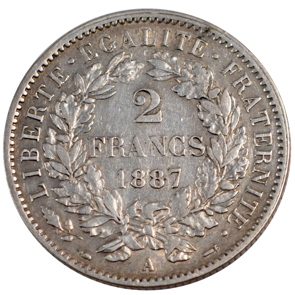 FRANCE, Cérès, 2 Francs, 1887, Paris, KM #817.1, AU(50-53), Silver, 27, Gadoury 