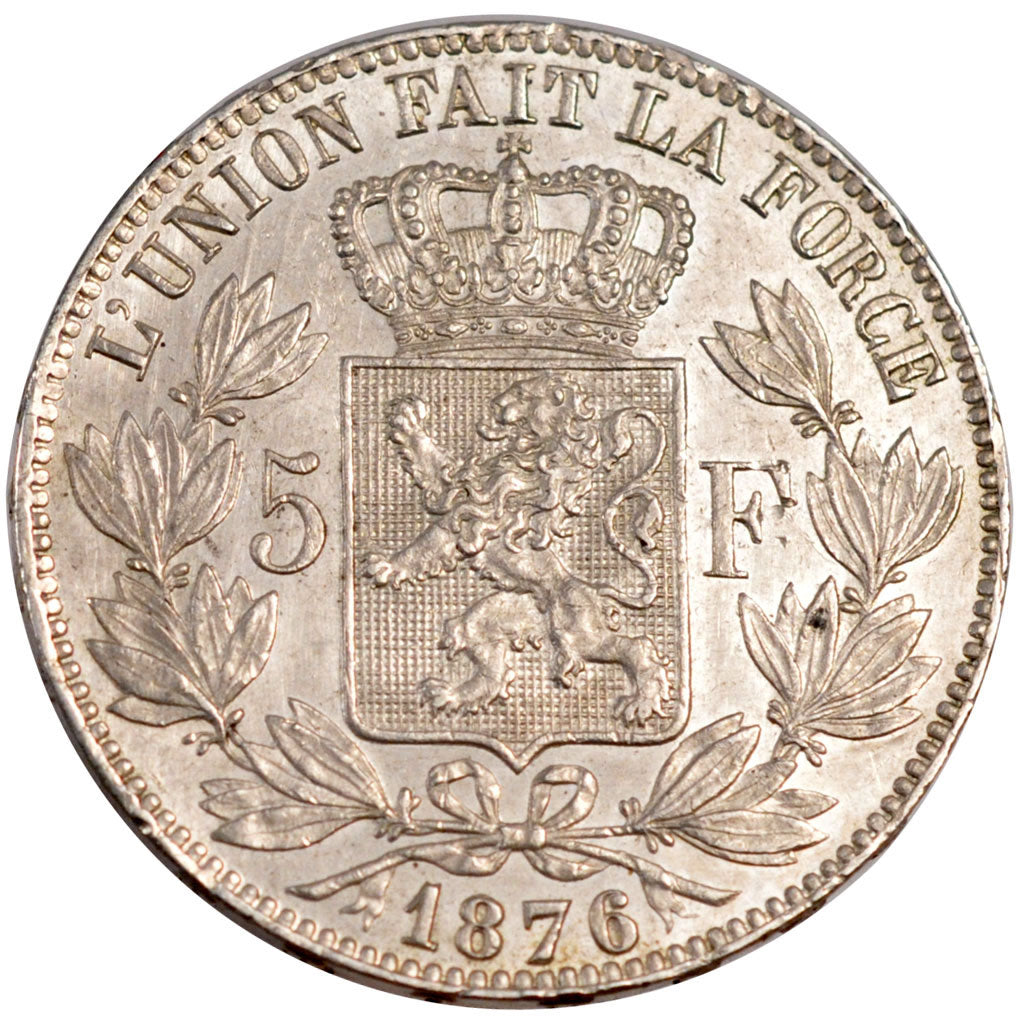 BELGIUM, 5 Francs, 5 Frank, 1876, KM #24, AU(55-58), Silver, 25.03