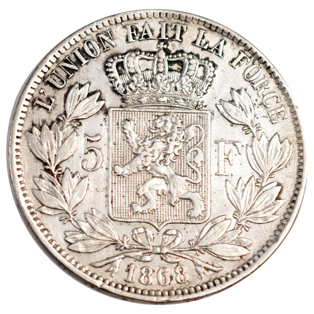 BELGIUM, 5 Francs, 5 Frank, 1868, KM #24, EF(40-45), Silver, 24.86