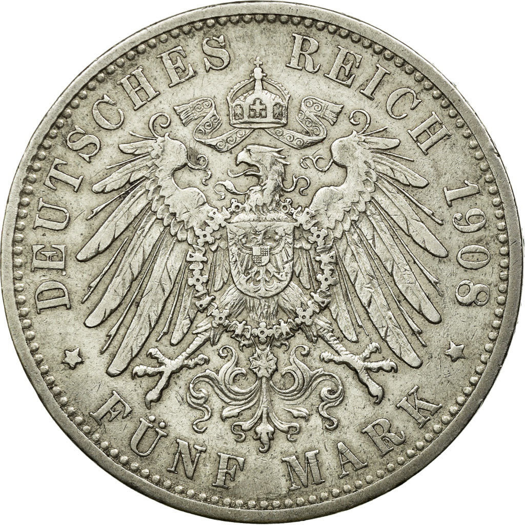 Moneta, Stati tedeschi, BADEN, Friedrich II, 5 Mark, 1908, Stuttgart, BB