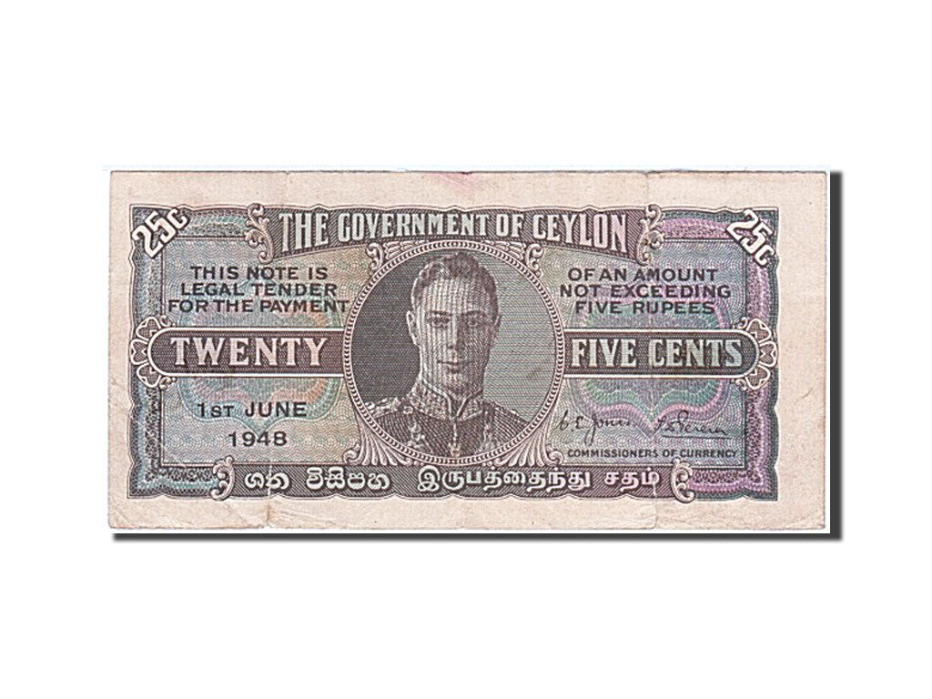 Ceylon, 50 Cents, 1948, KM #45a, 1948-06-01, VF(30-35), A/59 406889