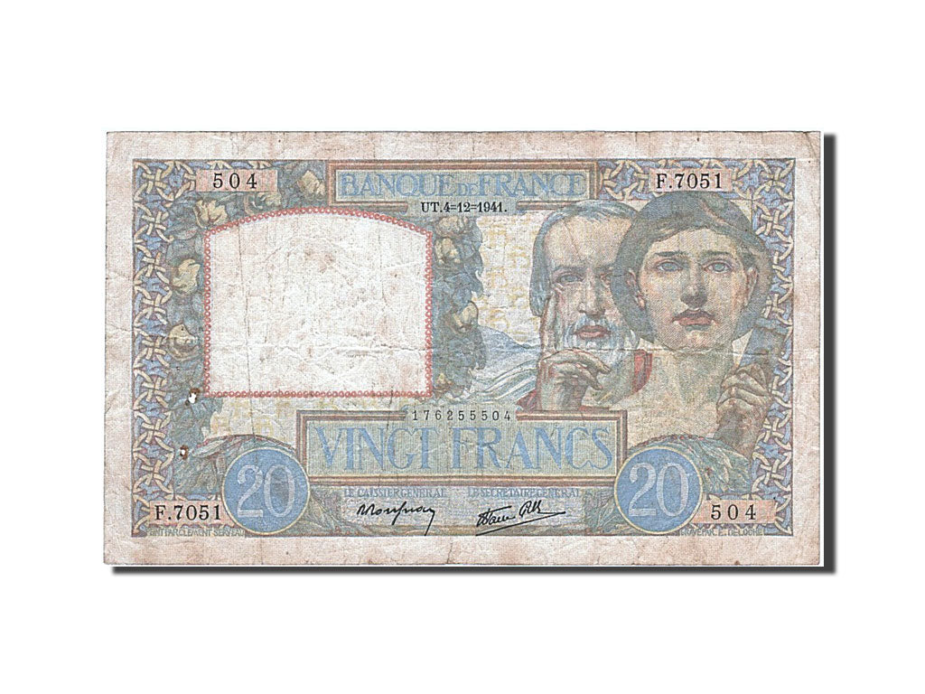 France, 20 Francs, 20 F 1939-1942 ''Science et Travail'', 1941, KM #92b,...