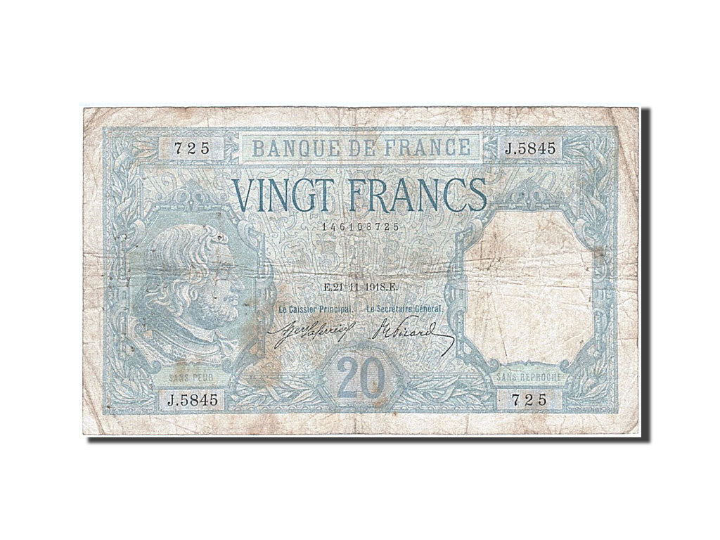 Francia, 20 Francs, 20 F 1916-1919 ''Bayard'', 1918, KM:74, 1918-11-21, MB, F...