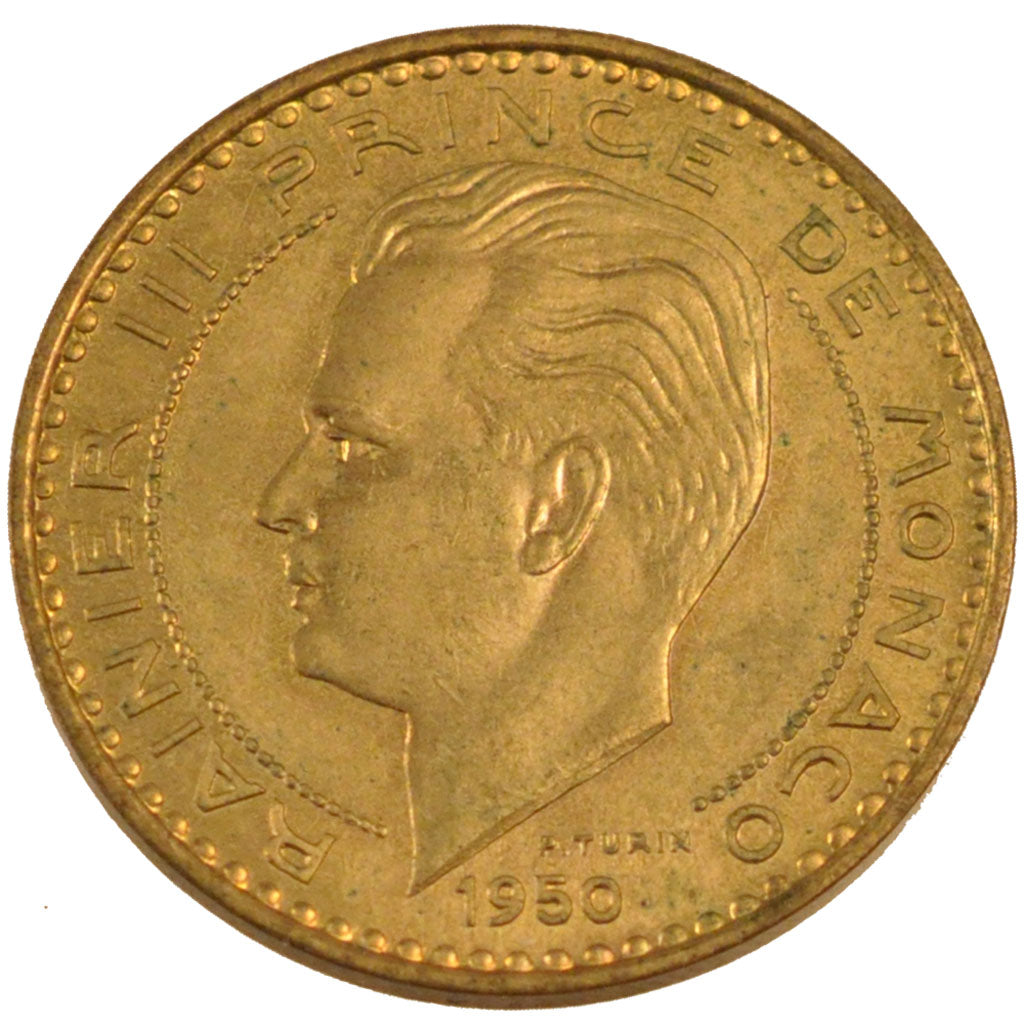 MONACO, 20 Francs, 1950, KM #E27, MS(60-62), Aluminium-Bronze, Gadoury #140,...