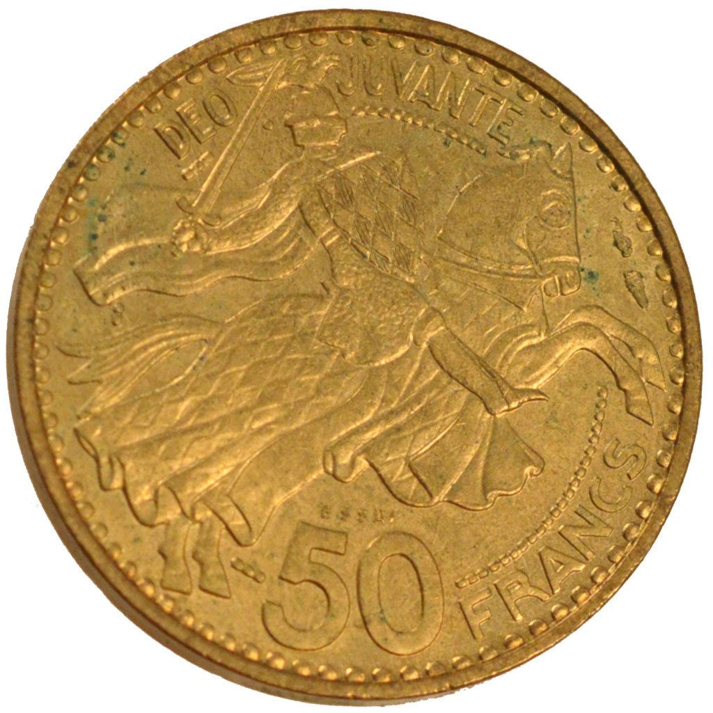 MONACO, 50 Francs, 1950, KM #E30, AU(55-58), Aluminium-Bronze, Gadoury #141,...