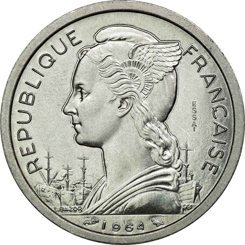 Coin, Comoros, 2 Francs, 1964, Paris, MS(65-70), Aluminium, Lecompte:34