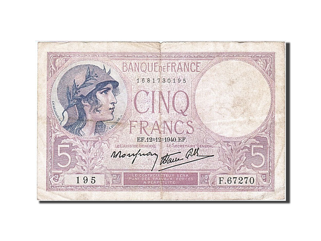 Banknote, France, 5 Francs, 5 F 1917-1940 ''Violet'', 1940, 1940-12-12