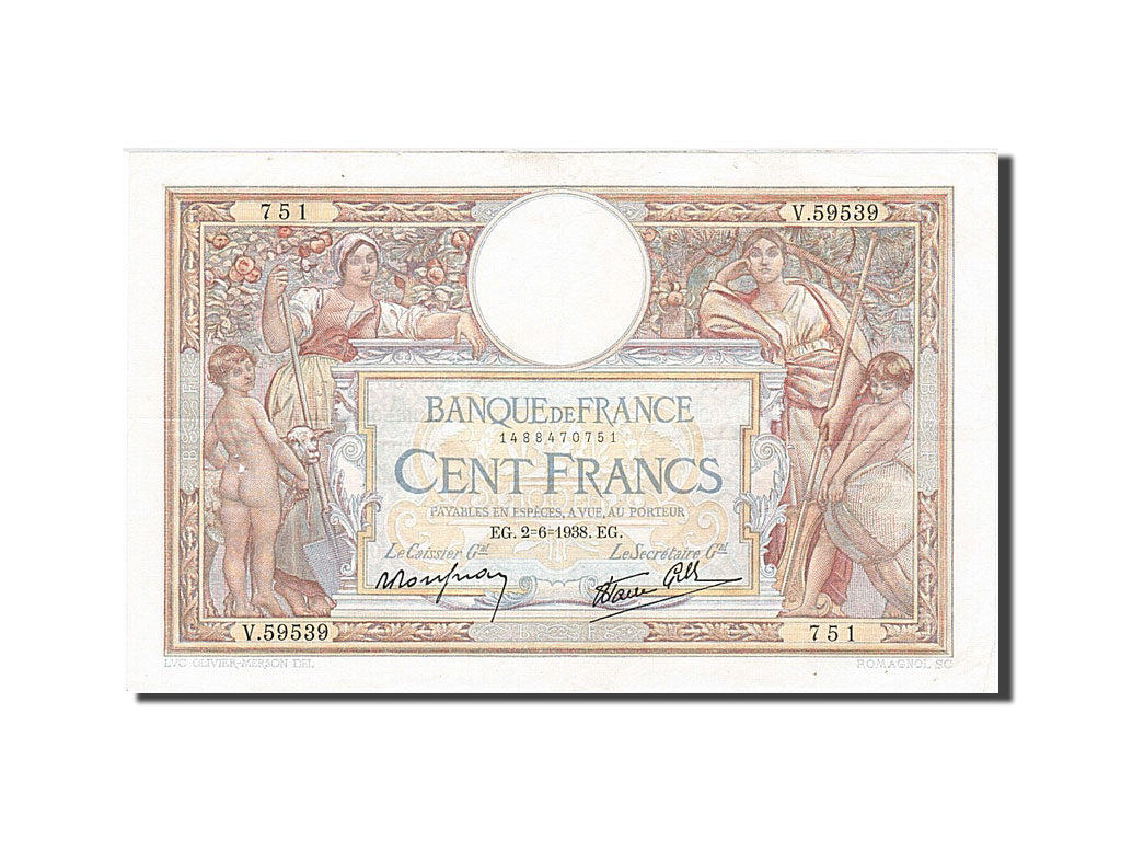 France, 100 Francs, 100 F 1908-1939 ''Luc Olivier Merson'', 1938, KM #86b,...