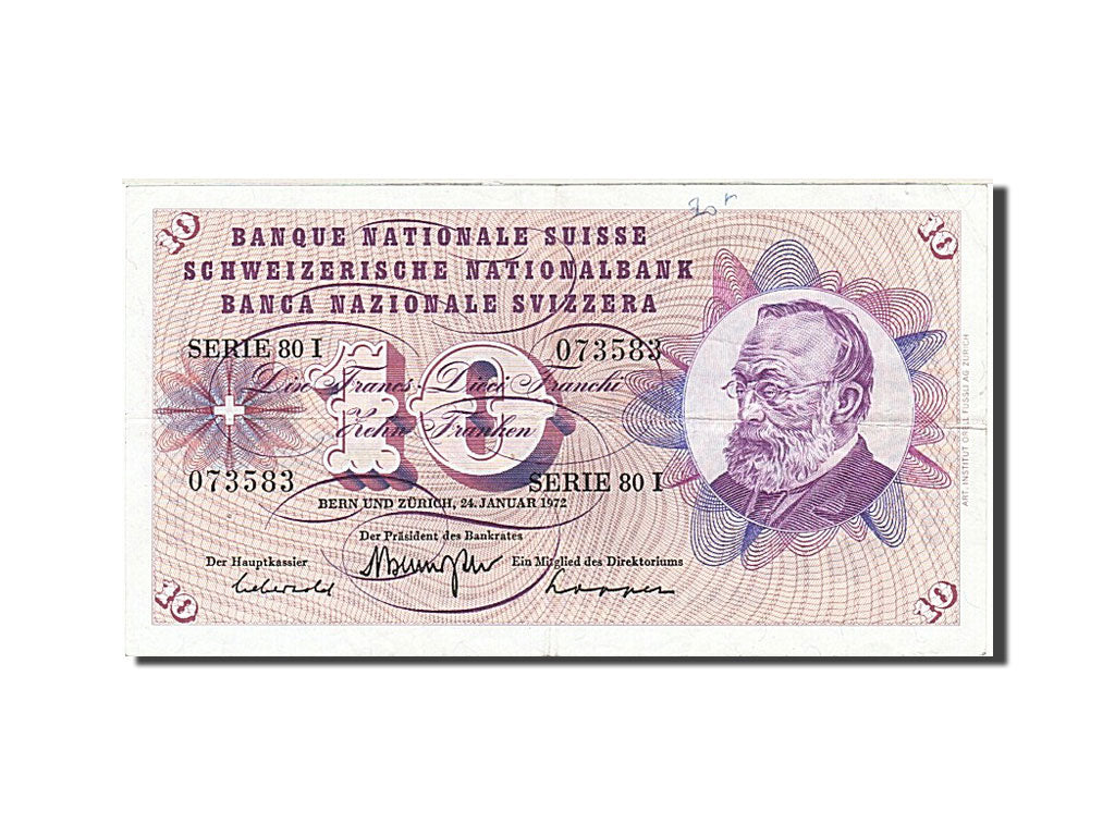 Switzerland, 10 Franken, 1972, KM #45r, 1972-01-24, EF(40-45), 80 I