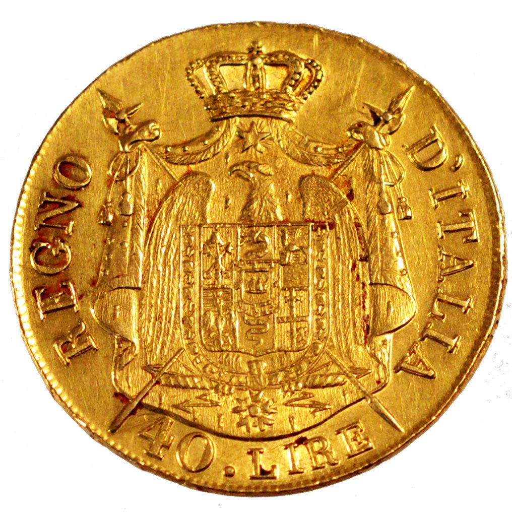 ITALIAN STATES, 40 Lire, 1808, Milan, KM #12, AU(50-53), Gold, 12.89