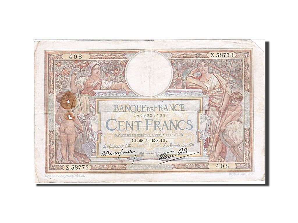 France, 100 Francs, 100 F 1908-1939 ''Luc Olivier Merson'', 1938, KM #78c,...