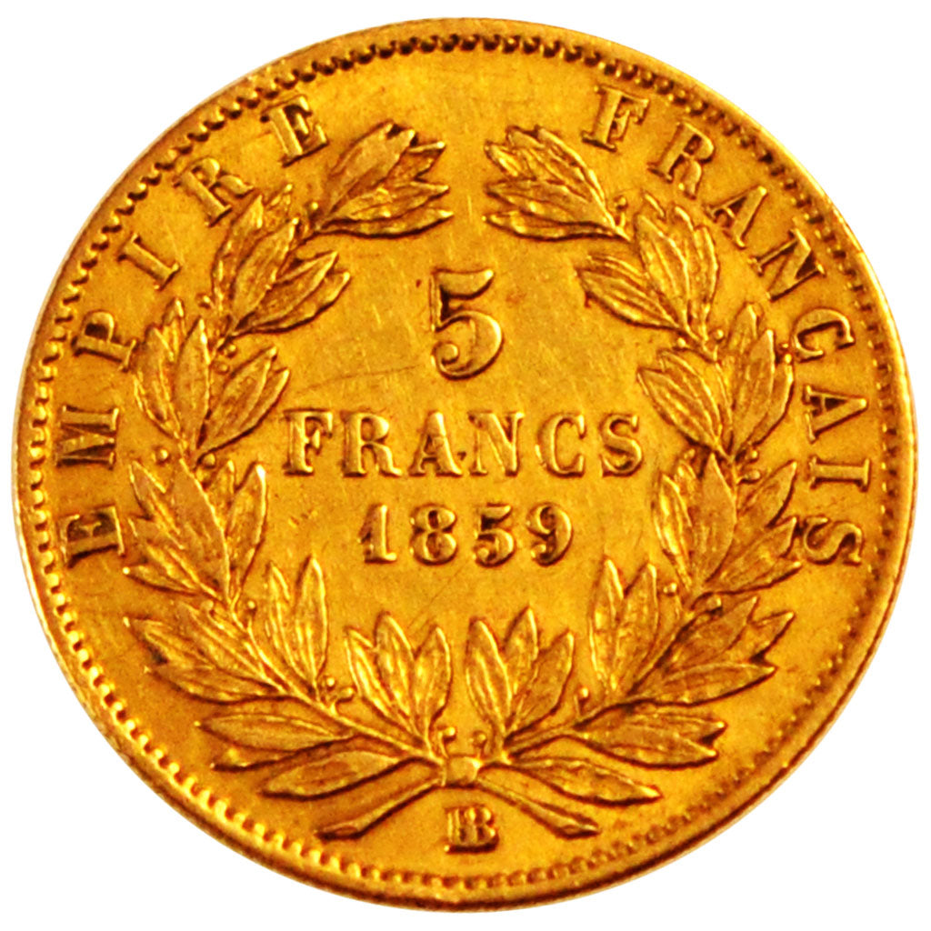 FRANCE, Napoléon III, 5 Francs, 1859, Strasbourg, KM #787.2, AU(50-53), Gold, G.