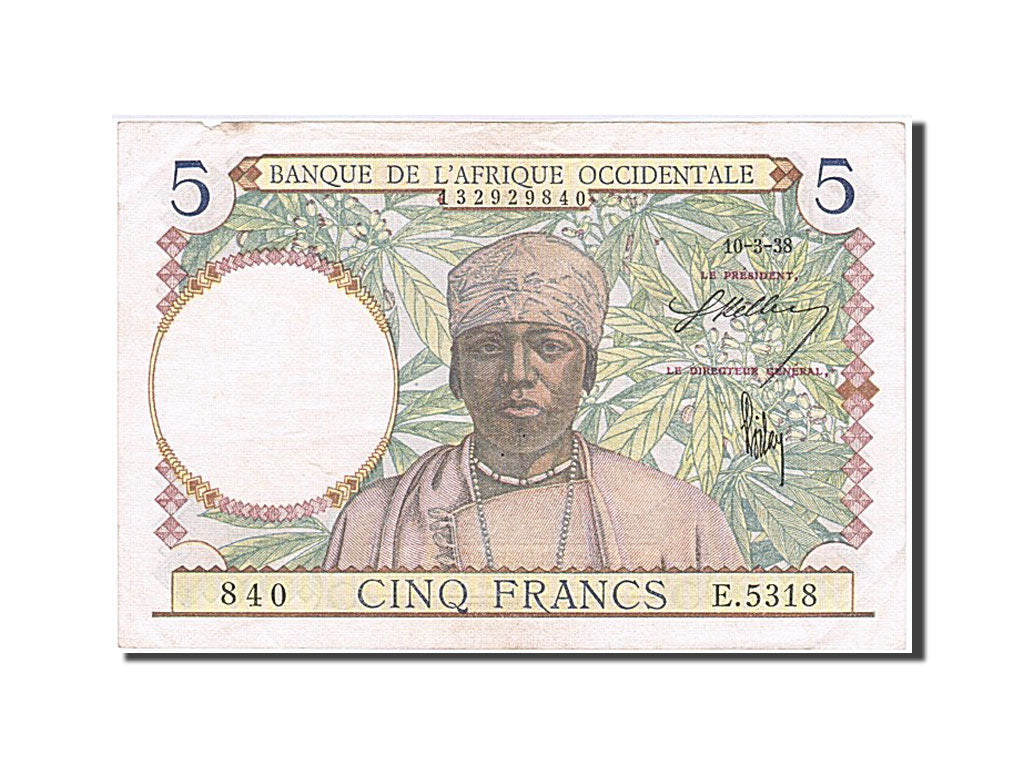 French West Africa, 5 Francs, 1938, KM #21, 1938-03-10, EF(40-45), E.5318