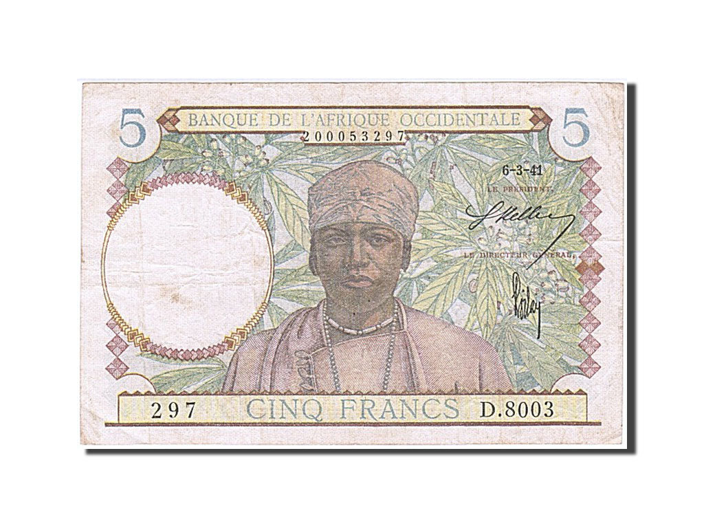 French West Africa, 5 Francs, 1941, KM #21, 1941-03-06, EF(40-45), D.8003