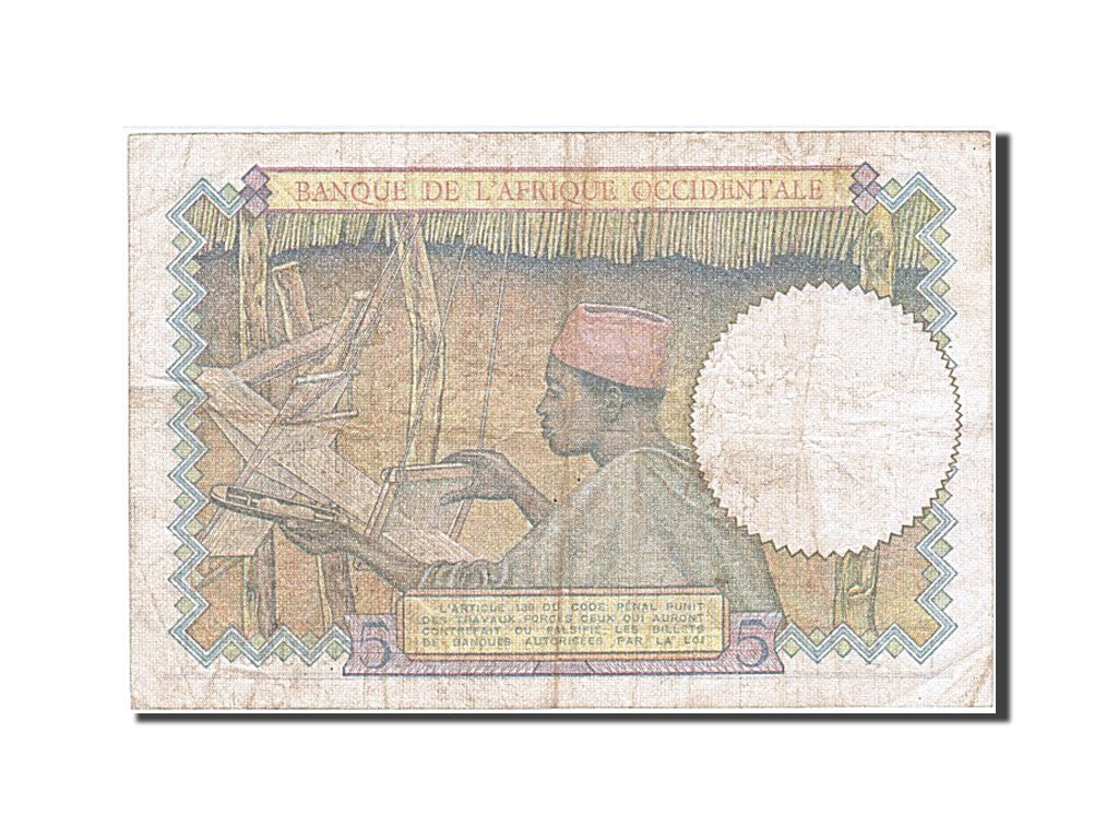 French West Africa, 5 Francs, 1941, KM #21, 1941-03-06, EF(40-45), D.8003