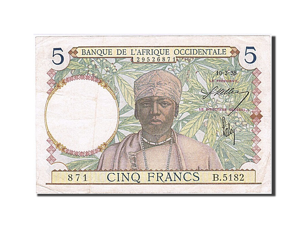 Banknote, French West Africa, 5 Francs, 1938, 1938-03-10, EF(40-45)