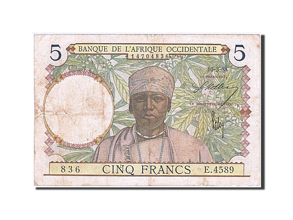 French West Africa, 5 Francs, 1938, KM #21, 1938-03-10, VF(30-35), E.4589